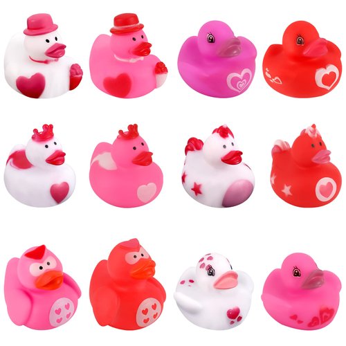 12pcs Rubber Ducks, Pink Valentine Rubber Ducks Bulk, Assorted Bath Ducky Toy Holiday Cow Ducks f...