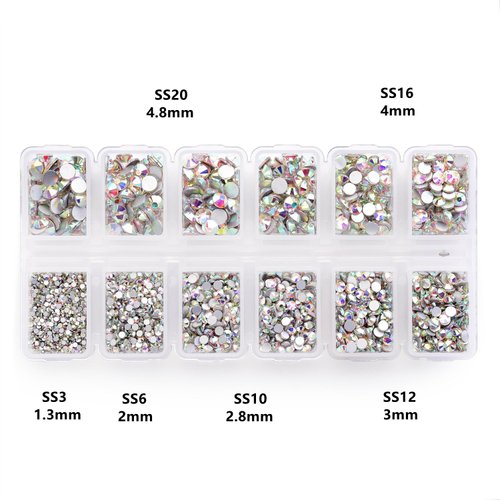 Zealer 1800pcs Crystals AB Nail Art Rhinestones Round Beads Top Grade Flatback Glass Charms Gems Stones for Nails Decoration Crafts Eye Makeup Clothes Shoes 300pcs Each (Mix SS3 6 10 12 16 20)