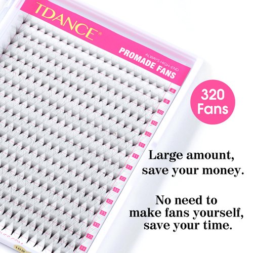 TDANCE Premade Fans Eyelash Extensions 320 Fans Pre Made Fans Lash Extensions Middle Stem Heat Bonded Premade Lash Fans Volume Lash Extensions(320-10D-0.03-C-8-15mm)