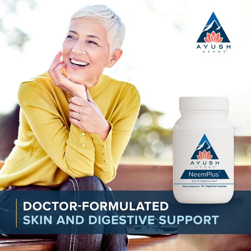 Ayush Herbs Neem Plus, Ayurvedic Skin and Digestive Support Supplement, Neem Leaf and Haritaki Herbal Supplement, 90 Vegetarian Capsules