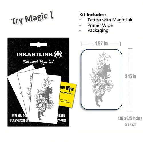 INKARTLINK Semi Permanent Tattoos, 3 Sheets of Small Temporary Tattoos, Adult Art Designs, Party Favors, Waterproof, Realistic, No Adhesive, No Reflective, Lasts 1-2 Weeks (Flower Black Cat)