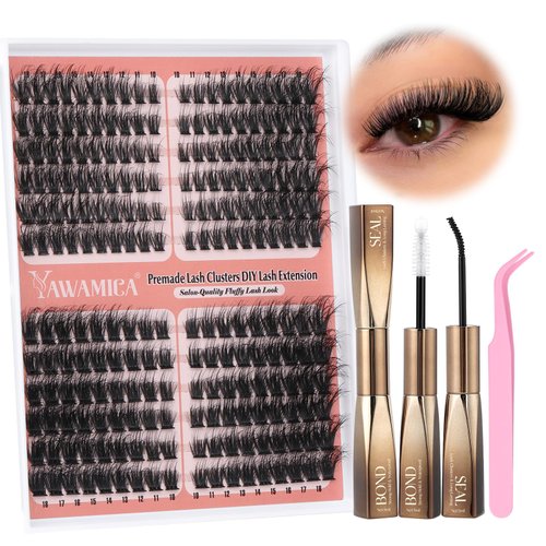 Yawamica Lash Extension Kit Fluffy Cat Eye Lash Clusters 60D 80D Volume Cluster Eyelash Extensions Wispy 10-18mm Individual Lashes D Curl Eyelash Clusters Kit with Lash Cluster Glue and Lash Tweezers