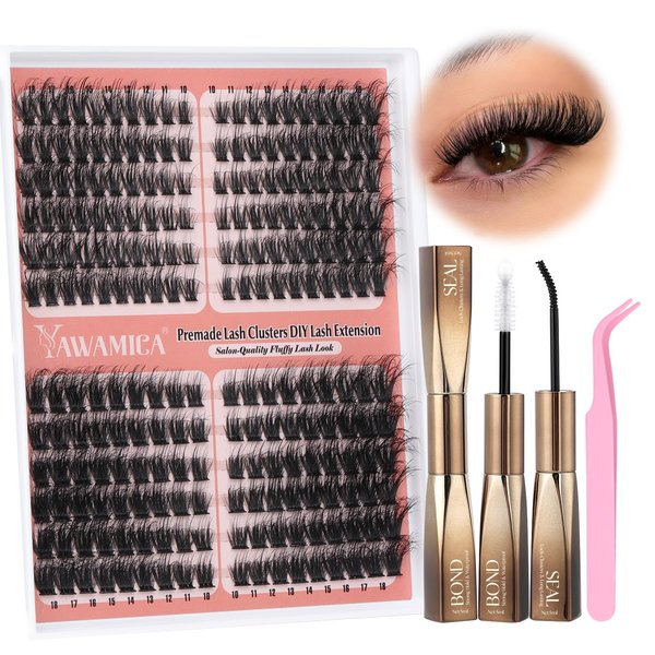 Yawamica Lash Extension Kit Fluffy Cat Eye Lash Clusters 60D 80D Volume Cluster Eyelash Extensions Wispy 10-18mm Individual Lashes D Curl Eyelash Clusters Kit with Lash Cluster Glue and Lash Tweezers