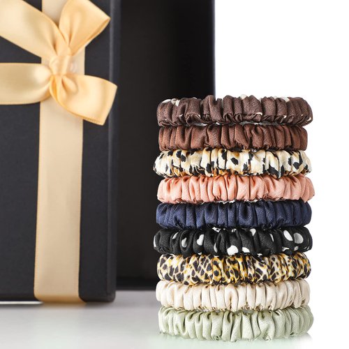 9 Pieces silk scrunchies Silk Hair Ties Skinny Hair Scrunchies Pure Silk Ponytail Holder Elastic ...