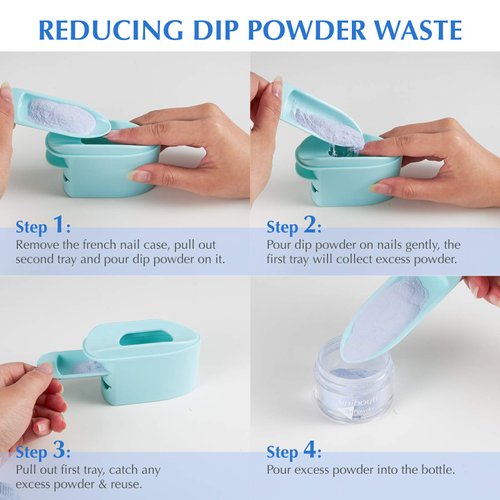 2-in-1 Dip Powder Recycling Tray System & French Tip Mold Dip Nail Tray - Nail Powder Glitter Rhinestones Pearls Saver Holder Storage Container Recycling Tool - French Smile Line Making Mold - Blue