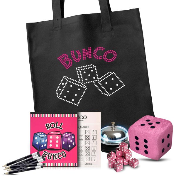 Bunco Game Kit with Crystal Tote Bag - Includes 9 Pink Dice, Score Sheets, Pencils, Bell, and 3 Inch Plush Dice - All of The Bunco Party Supplies You Need