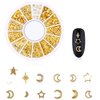 DANNEASY Gold Nail Studs Metal Nail Charms 3d Nail Art Charms Manicure Decoration Kit Star Moon Shell Cross Flower Nail Jewels with 1pc Curved Tweezers, Wax Pen (6 Wheels)