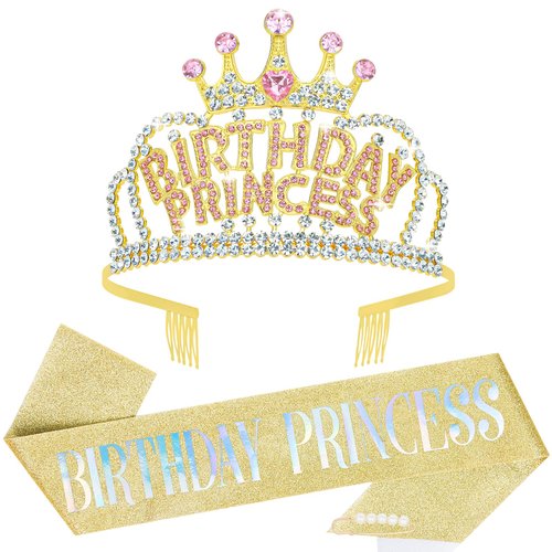 YARIEW Tiaras for Women, Birthday Princess Crown Sash with Comb Tiaras and Crowns for Women Tiaras for Girls Birthday Girl Headband Princess Birthday Party Decorations Gifts Gold