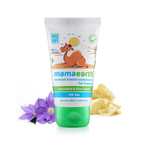 Mamaearth Mineral Based SPF 20+ Baby Sunscreen | Protects Against UV Rays & Soothes Skin | with Zinc Oxide | Waterproof & Safe for Delicate Skin | 1.69 Fl Oz/50 ml