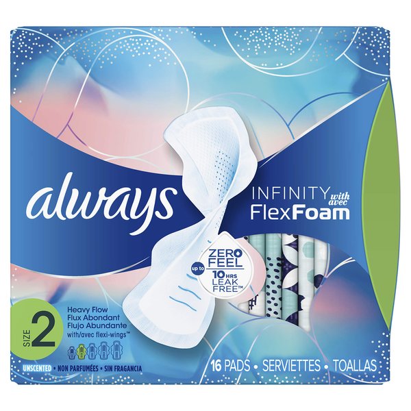 Always Infinity Size 2 Feminine Pads with Wings, Super Absorbency, Unscented, 16 Count (Packaging May Vary) (packaging may vary)