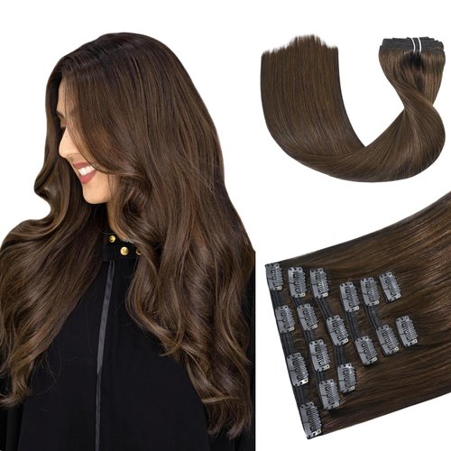 HUAYI Medium Brown Hair Extensions for Women, 120g Real Human Hair Clip in Hair Extensions 7pcs 16 inch,Soft & Natural Straight Double Weft Brown Hair for Women 16in #4 Chocolate Brown Hair Extensions