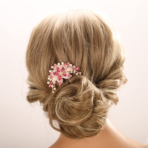 Aimimier Flower Crystal French Hair Comb Luxury Rhinestone Gem Side Combs Long Teeth Hair Pins Decorative Hair Accessories for Women Girls(Rose red)