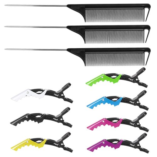 10Packs Rat Tail Combs Hair Clips Set，3Pcs Rat Tail Comb，Parting Comb and 7Pcs Alligator Styling Sectioning Clips of Professional Hair Salon Quality(Black)