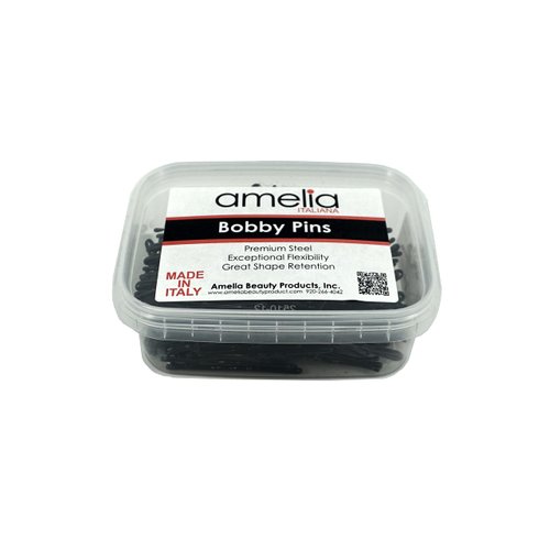 Amelia Beauty Products Standard Bobby Pin Waved | Hair Styling Accessories Hair Pins - for all Hair Types | 300 Gram in Clear Container Premium Pins Made in Italy - Black