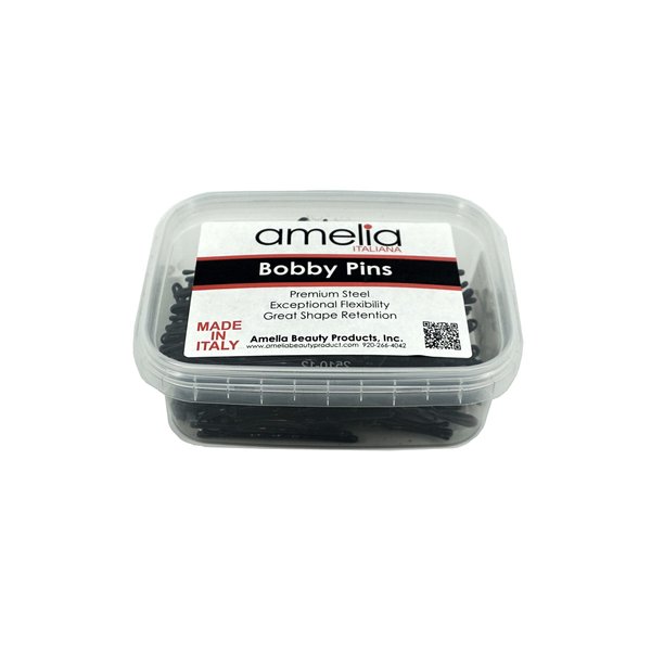 Amelia Beauty Products Standard Bobby Pin Waved | Hair Styling Accessories Hair Pins - for all Hair Types | 300 Gram in Clear Container Premium Pins Made in Italy - Black