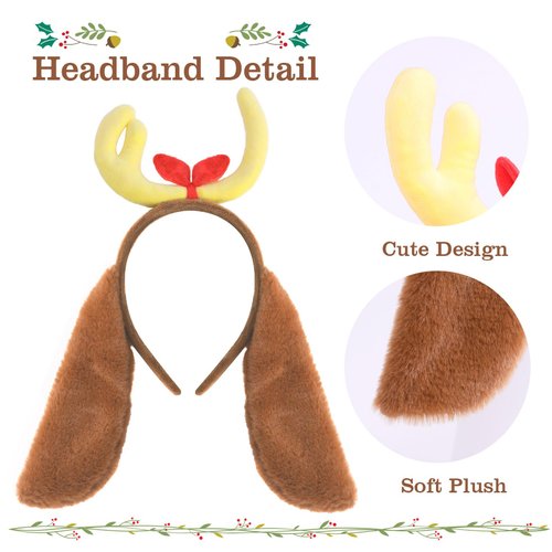 PLUSMAYI Antler Horn Headband with Plush Dog Ears Reindeer Headpiece Costume Accessories Christmas Halloween Party Cartoon Dog Cosplay Yellow