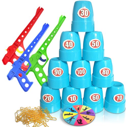Gamie Shooting Competition Game for Kids - Includes 3 Toy Guns, 100 Rubber Bands, 10 Cups, Game Turntable, Score Stickers and Instructions - Fun Target Practice Game for Boys & Girls