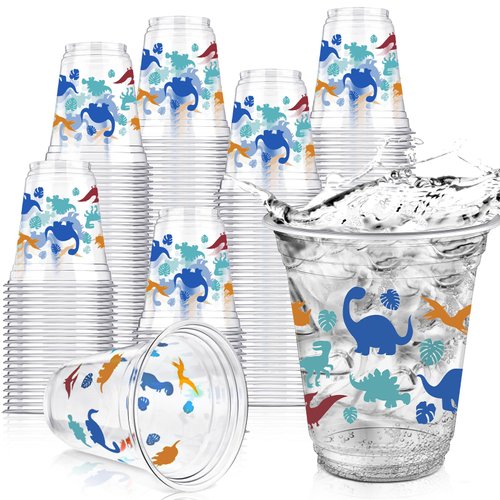 Yuxung 50 Pcs Dinosaur Cups 12 oz Dinosaur Disposable Plastic Cups Dino Tumbler Cups for Dinosaur Birthday Party Supplies Decorations, Multi Color