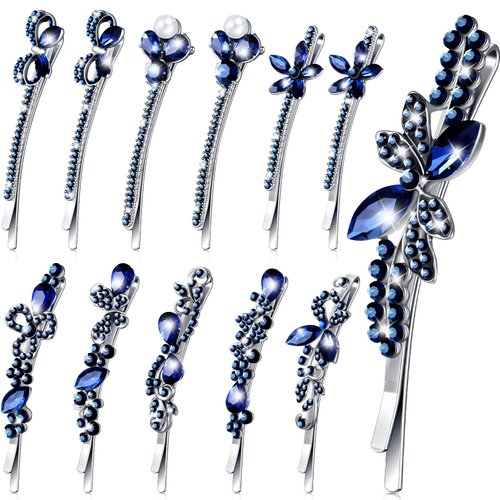12 Pcs Vintage Blue Crystal Rhinestone Hair Pins Side Clip Sapphire Bobby Pins Decorative Navy Blue Hair Accessories Something Blue Hair Clip Wedding Flower Butterfly Hair Barrettes for Women