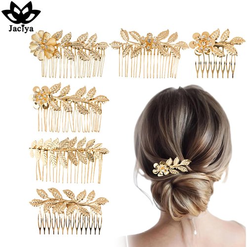 Jaciya Leaf Hair Comb Gold Hair Accessories Metal Hair Combs Rhinestone Flower Hair Side Combs Wedding Bridal Jewelry Hair Clips for Women Girls