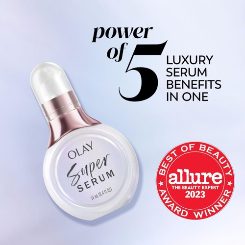 Olay Super Serum Trial Size 5-in-1 Lightweight Resurfacing Face Serum, 0.4 fl oz, Smoothing Skin Care Treatment with Niacinamide, Vitamin C, Collagen Peptide, Vitamin E, and AHA