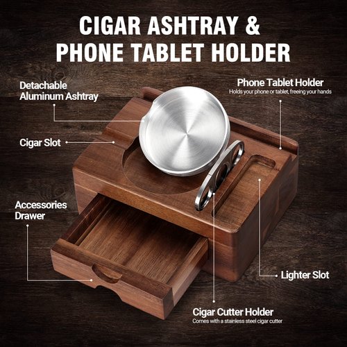 Tesonway Cigar Ashtray, Wooden Cigar Ashtrays with Cigar Cutter, Phone Tablet Holder, Cigar Holder, Accessories Drawer and Lighter Slot, Home Bar Outdoor Ashtray, Great Cigar Accessories Gift for Men