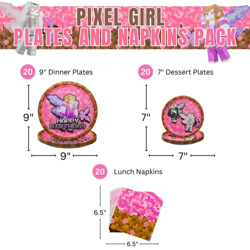 Blue Orchards Pixel Girl Party Plates and Napkins (60 pieces for 20 Guests) - Girl Party Supplies, Video Game Birthday Decorations for girls, Mining Craft Party, Pixel Miner Party