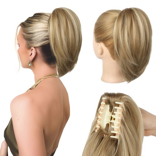NTYNTY Ponytail Extension, 10" Short Claw Clip in Ponytail Hair Extensions Messy Bun Hair Piece Natural Soft Synthetic Straight Pony Tail Hair Pieces for Women - Dark Golden Blonde with Highlights