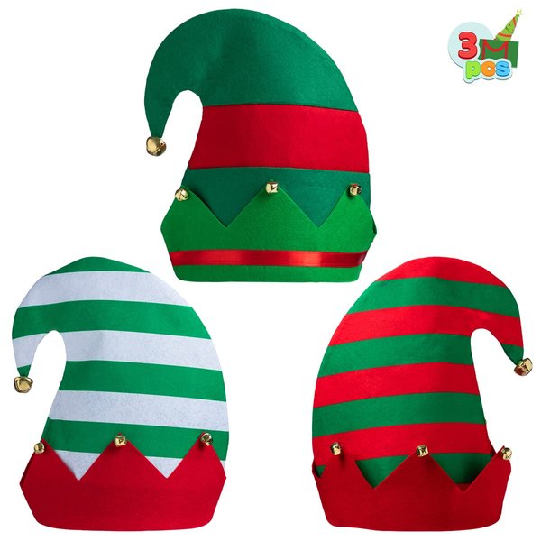 JOYIN 3 Packs Christmas Hats Unisex Classic Elf Felt Hats for Christmas, Jingle Bells Xmas Hats for Kids Adults, Funny Hats for Christmas Party Gifts