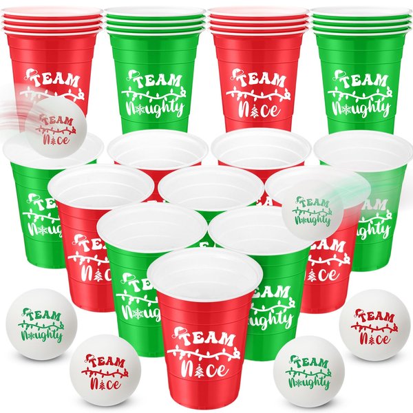 VioraWhite 22 Pcs Christmas Game Supplies Set 16 oz Plastic Cups with 8 Christmas Theme Balls Xmas Party Game Beer Cups for Christmas House Parties Favors Concerts Birthdays BBQ Holidays(Team)