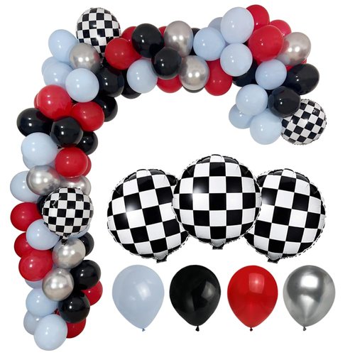 93Pcs Race Car Balloon Garland Kit Racing Car Theme Birthday Party Decorations Black Red Blue Balloons with Checkered Foil Balloon for Race Car Birthday Baby Shower Decoration Party