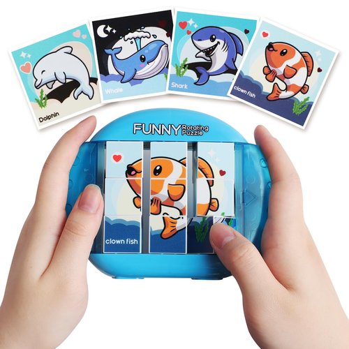 Fullware Rotating Puzzle for Kids 3 4 5 6 7 8 Year Old, 4 Puzzles in 1, Toddlers Travel, Car, Airplane, Road Trip Activities, Fine Motor Skills, Fidget, Gift for Boys & Girls Ages 3+(Fishes