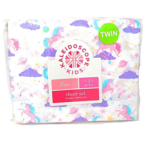 Kaleidoscope Kids Unicorns, Planets, Space, Moon, Galaxy Pink/Purple/Aqua 3-PC Polyester Twin Sheet Set