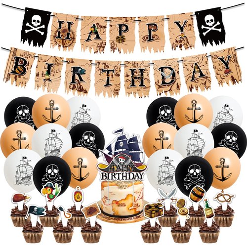 PRATYUS Pirate Birthday Decorations, Pirate Party Supplies With Birthday Banner, Cake Toppers and Latex Balloons for Kids Treasure Adventure Party Decors