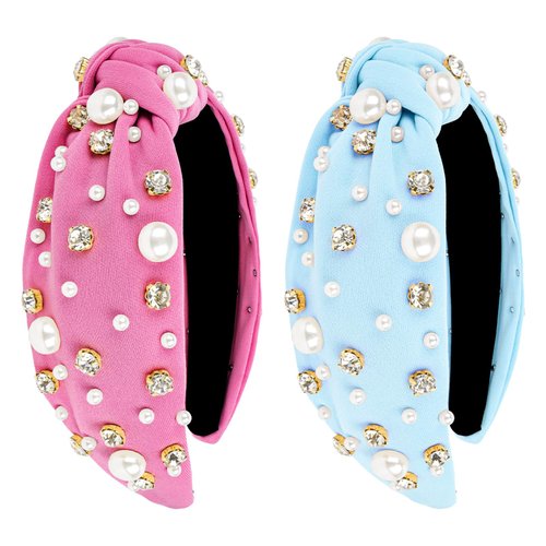 Wecoe 2 Pack Knotted Headbands Rhinestone Pearl Headband Women Girls Light Blue Rose Red Wide Headbands Non Slip Fashion Cloth Sparkly Diamond Beaded Headbands Hair Accessories For Women Girls Gifts