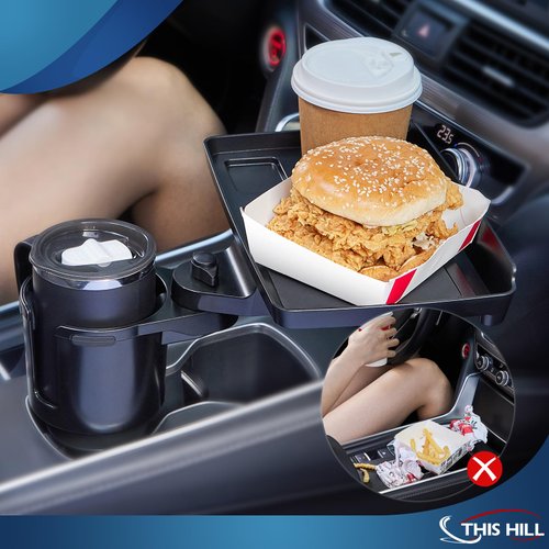 THIS HILL Cup Holder Tray for Car, 2 in 1 Detachable Car Food Table Tray with Solid Base & Phone Slot,Car Cup Holder Expander with 360°Rotation Tray for Travel Road Essentials Accessories