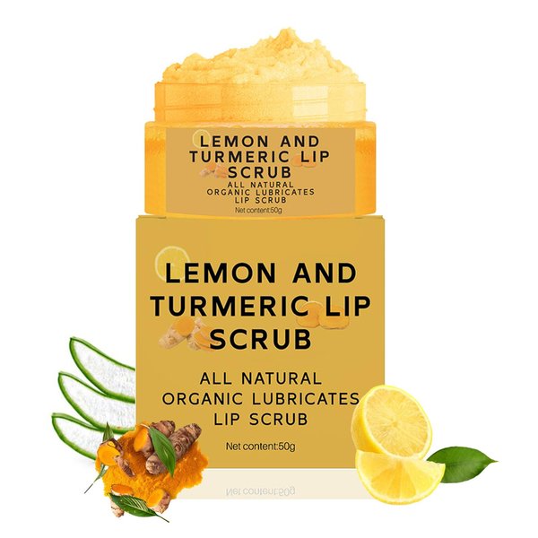 Natural Lip Scrub, Turmeric Lemon Lip Exfoliator Nourishing Sugar Lip Scrub with Aloe Vera Gentle Exfoliant for Chapped and Dry Lips Hydrates & Fade Lip Lines 50g