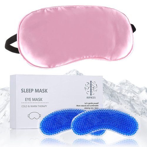 ASPACES Cooling Eye Mask, 1 Silk Sleep Mask & 2 Gel Bead Packs Reusable, Cold Compress Eye Mask for Headaches, Dark Circles, Eye Bags, Dry Eyes, Migraines, Puffiness, Stress Relief, Nap(Pink)