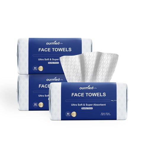 Ourmed Life Disposable Face Towels, Clean Facial Wash Cloth without Lint, Biodegradable Cleansing Dry Wipes, Skincare and Makeup Remover Towels for Sensitive Skin (Unscented, 240 Count)