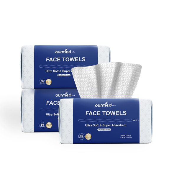 Ourmed Life Disposable Face Towels, Clean Facial Wash Cloth without Lint, Biodegradable Cleansing Dry Wipes, Skincare and Makeup Remover Towels for Sensitive Skin (Unscented, 240 Count)