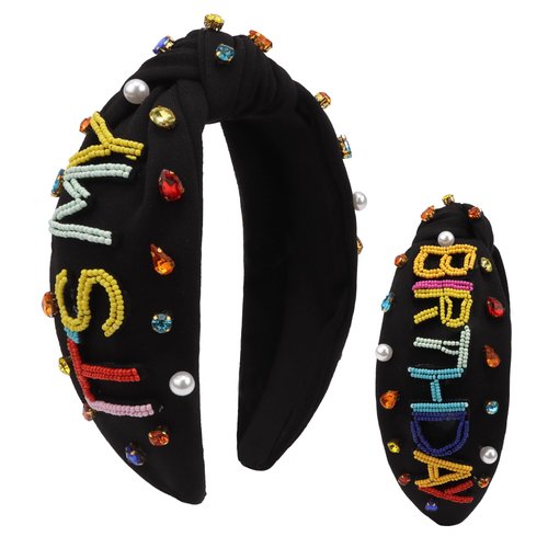 Exacoo Birthday Headband for Women Girls Pearl Happy Birthday Glitter Rhinestone Bead Elastic Black Knotted Head Band Hair Accessories Gifts for Daughters Birthday Party Decorations
