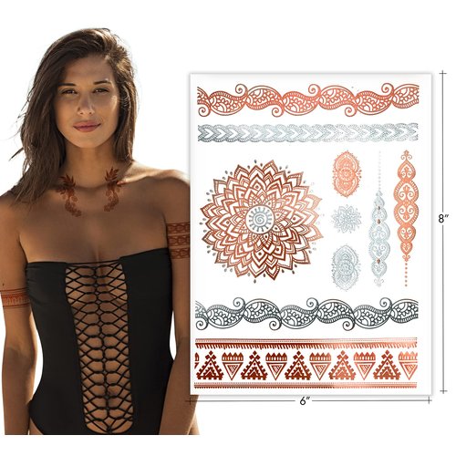 Terra Tattoos Rose Gold Henna Temporary Tattoos 75+ Mandala Tattoos Flowers, Mandalas, Elephants Waterproof Nontoxic Long Lasting Perfect for Beach, Festivals, & Parties