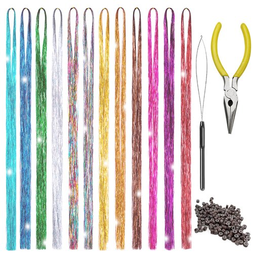 Hair Tinsel Kit 12 Colors Hair Extensions 48 Inches 2500 Strands Sparkling Tinsel for Christmas N...