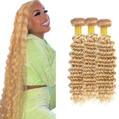 P27/613 Bundles Blonde Deep Wave Human Hair Bundles 30 32 34 Inch Brazilian Unprocessed Virgin Hair 3 Bundles Blonde Bundles Human Hair 613 Deep Wave Bundles Remy Hair Extensions 300g
