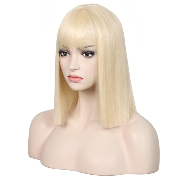 WildCos Short 14 Inches Colorful Bob Wigs Heat Resistant Fiber Synthetic Wigs Straight Hair With Bangs for Women (Blonde)
