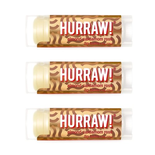 Hurraw! Almond, Cardamom, Rose (Vata) Lip Balm, 3 Pack: Organic, Certified Vegan, Cruelty and Gluten Free. Non-GMO, 100% Natural Ingredients. Bee, Shea, Soy and Palm Free. Made in USA