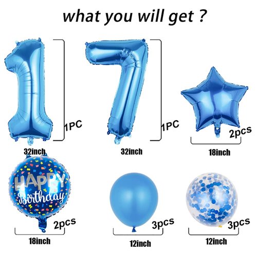 Balloons,11 pcs Foil Balloons 17 Year Old for 17th Birthday Party Supplies Decoration，Confetti Balloon Kids Party Balloons Birthday Party Supplies 17 Years Old Birthday Balloon for Kids (17th, Blue)