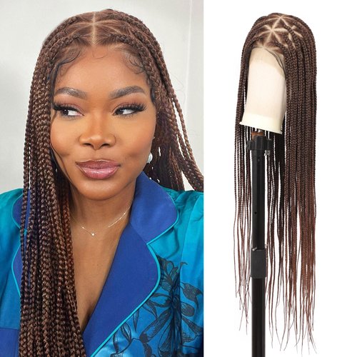 Lexqui 360° HD Full Lace Braided Wigs for Women Box Braid Wig Triangle Knotless Braided Wig Human Hair Blended Lace Frontal Braided Wig Braided Lace Front Wigs with Baby Hair 36 Inch, Brown