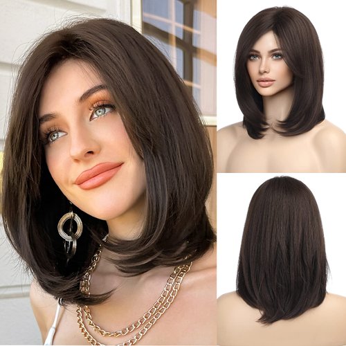 HAIRCUBE Dark Brown Shoulder Length Bob Wigs for Women Side Parting