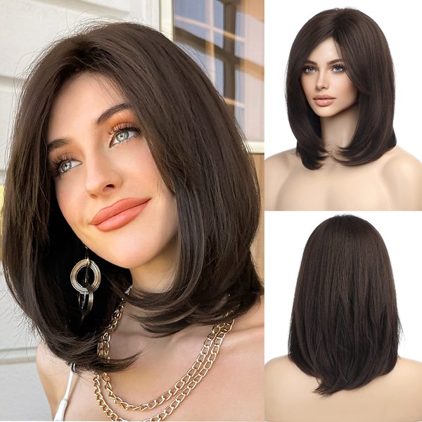 HAIRCUBE Dark Brown Shoulder Length Bob Wigs for Women Side Parting